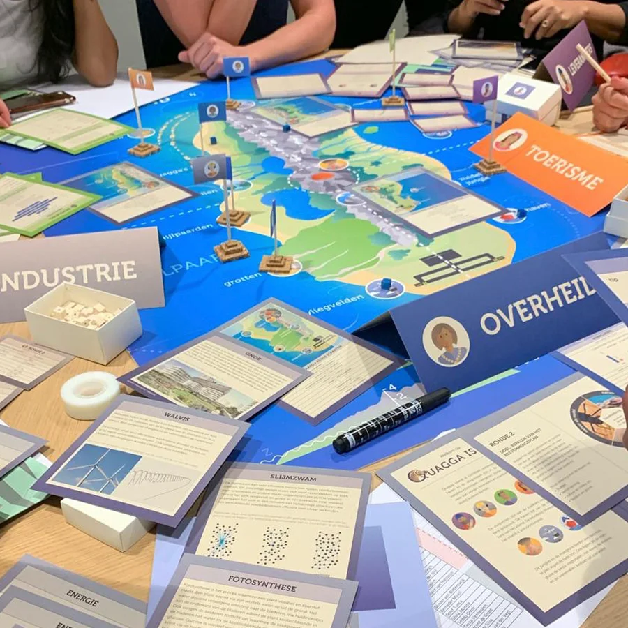 Een klimaattafel in vol bedrijf: het speelbord, de rolkaarten en de spelers eromheen.